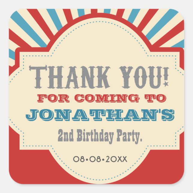 Personalised Circus carnival 2nd birthday party Square Sticker (Front)