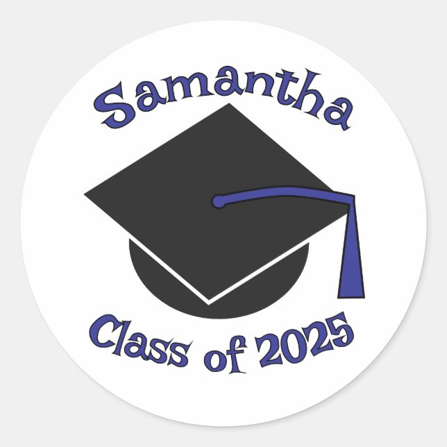 Personalised Class of 2025 Graduation Hat Blue Classic Round Sticker (Front)