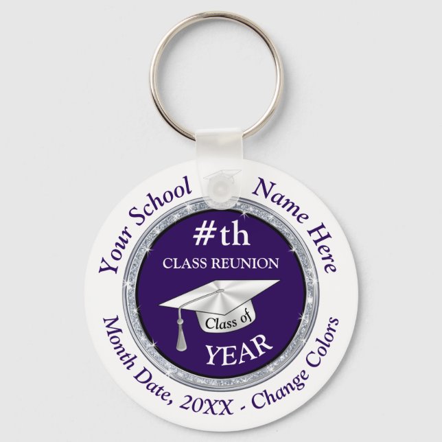 Personalised Class Reunion Gifts, Purple, White Key Ring (Front)