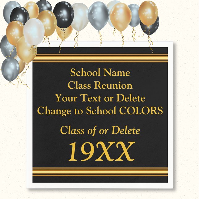 Personalised Class Reunion Napkins in YOUR COLORS (Class Reunion Napkins, Black and Gold Serviettes. Graduation Napkins. Class Reunion Party Supplies.)