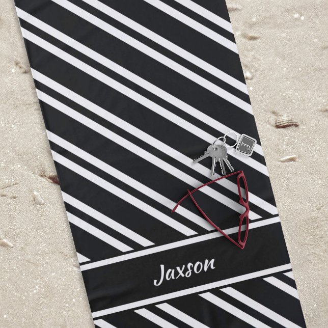 Personalised Classic Black and White Stripes Beach Towel (Personalized Black & White Striped Beach Towel)