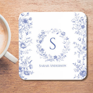 Personalised Classic Blue Flowers Floral Pattern Coaster
