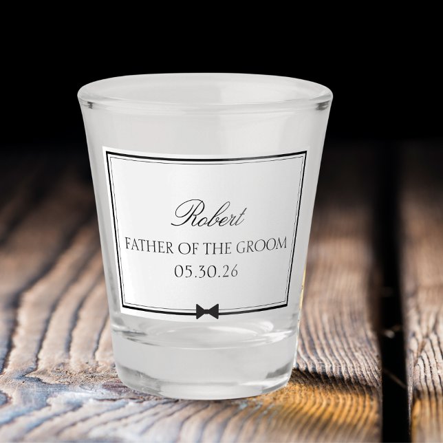 Personalised Classic Bowtie Father of the Groom Shot Glass (Custom father of the groom shot glass – add names & dates for the perfect, fun wedding party gift.)
