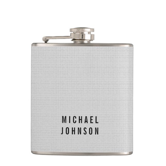 Personalised Classic Faux Linen Silver Grey Hip Flask (Front)