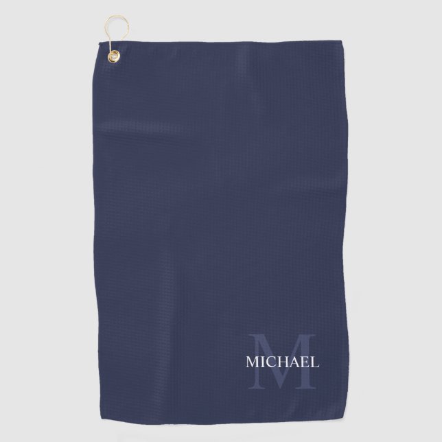 Personalised Classic Monogram and Name Navy Blue Golf Towel (Front)
