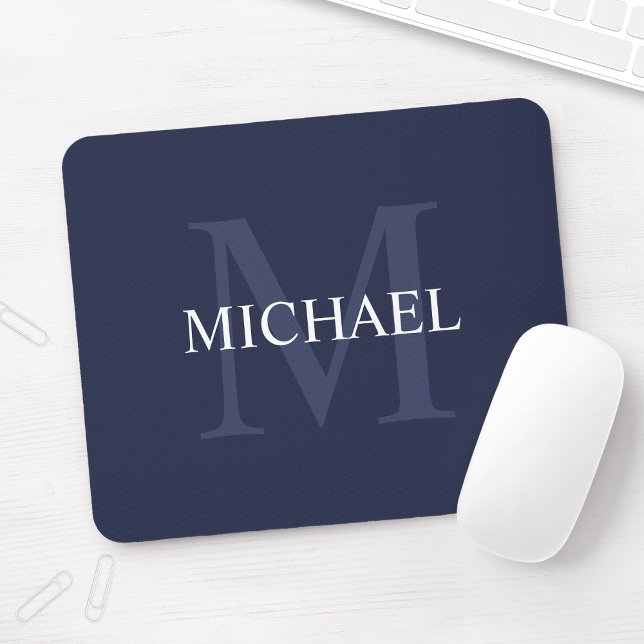 Personalised Classic Monogram and Name Navy Blue Mouse Pad (Creator Uploaded)