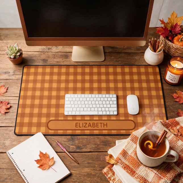 Personalised Classic Pumpkin Fall Gingham Plaid Desk Mat (Creator Uploaded)