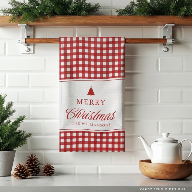 Personalised Classic Red Gingham Christmas  Tea Towel (Christmas Kitchen Towel shown in 3-fold. Add your Family Name.)