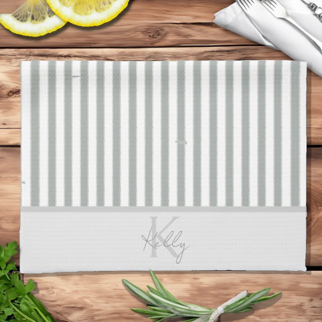 Personalised Classic Sage Striped Kitchen Towels (Personalized Classic Sage Striped Kitchen Towels)