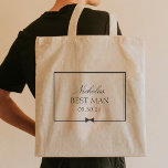 Personalised Classic Simple Bowtie Best Man Tote Bag<br><div class="desc">Celebrate your best man with this elegant, customisable tote bag. Designed in a timeless black-and-white palette, it features his name, title, and your special date, framed by a sleek border and a refined bow illustration. Perfect for carrying all the essentials on the big day, this tote adds a stylish touch...</div>