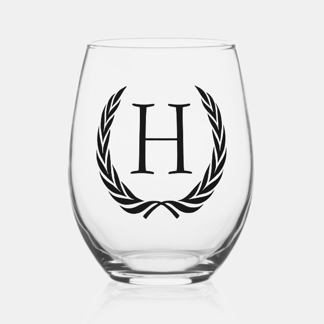 Personalised Classic Vintage Chic Monogram Stemless Wine Glass (Front)