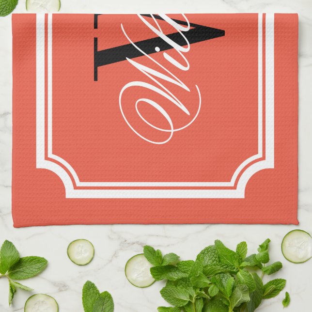 Personalised classy monogram orange kitchen towel (Folded)