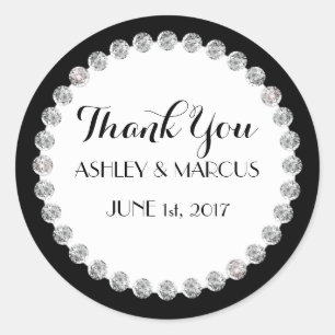 Personalised Classy Wedding Black & White Diamonds Classic Round Sticker