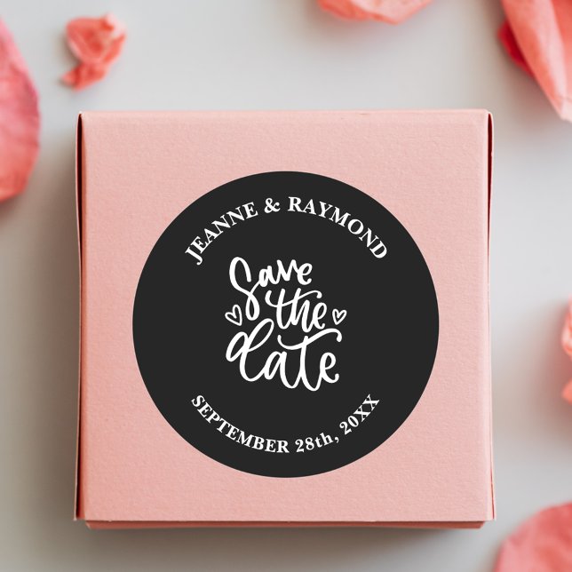 Personalised Clean Black Wedding Save the date Classic Round Sticker (Clean black save the date sticker adds timeless personalized charm to wedding mailings.)