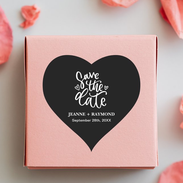 Personalised Clean Black Wedding Save the date Heart Sticker (Creator Uploaded)