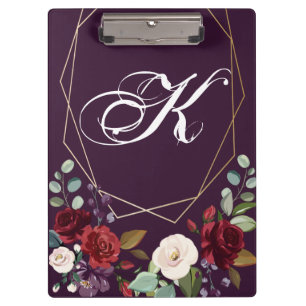 Personalised Clip Board Plum Purple Roses Gold Geo