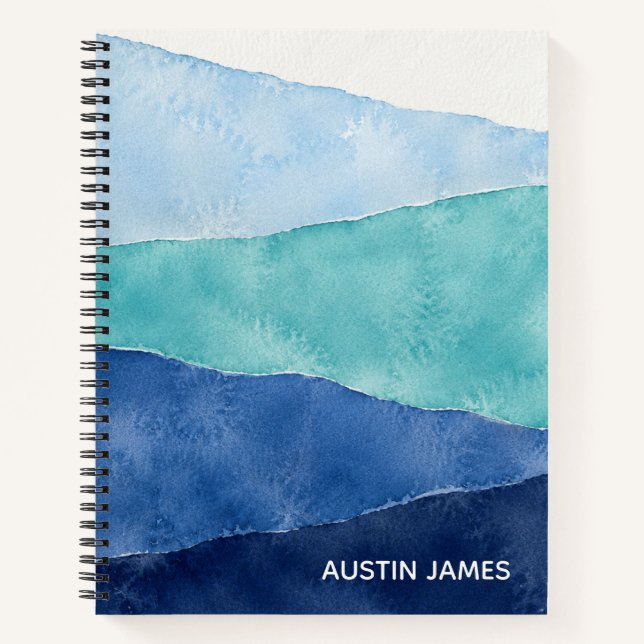 Personalised Coastal Blue Watercolor Spiral  Notebook (Front)