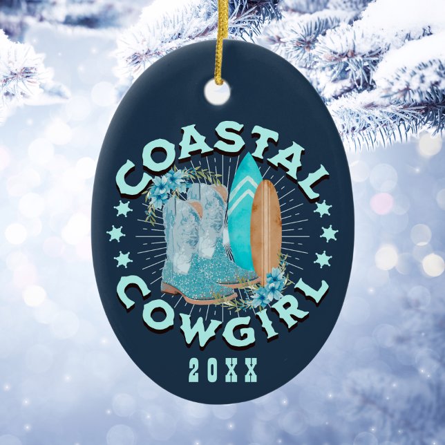Personalised Coastal Cowgirl Christmas Ceramic Tree Decoration (Personalized Coastal Cowgirl Christmas Ceramic Ornament
)