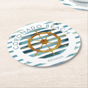 Personalised Coastal Ships Wheel Watercolor Round Paper Coaster