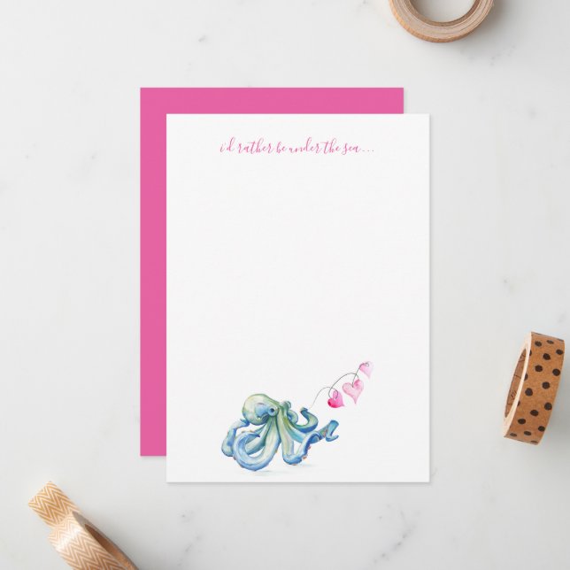 Personalised Coastal Stationery Watercolor Octopus Card (Front/Back In Situ)
