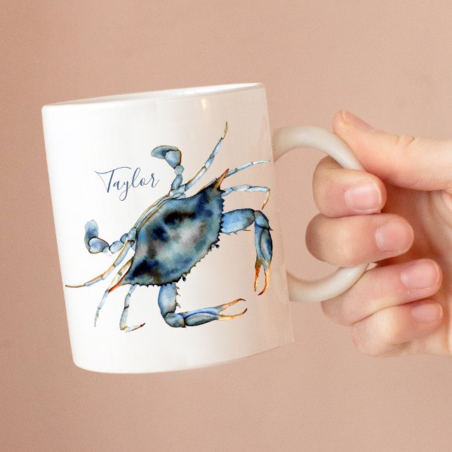 Personalised Coastal Watercolor Blue Crab Coffee Mug (Creator Uploaded)