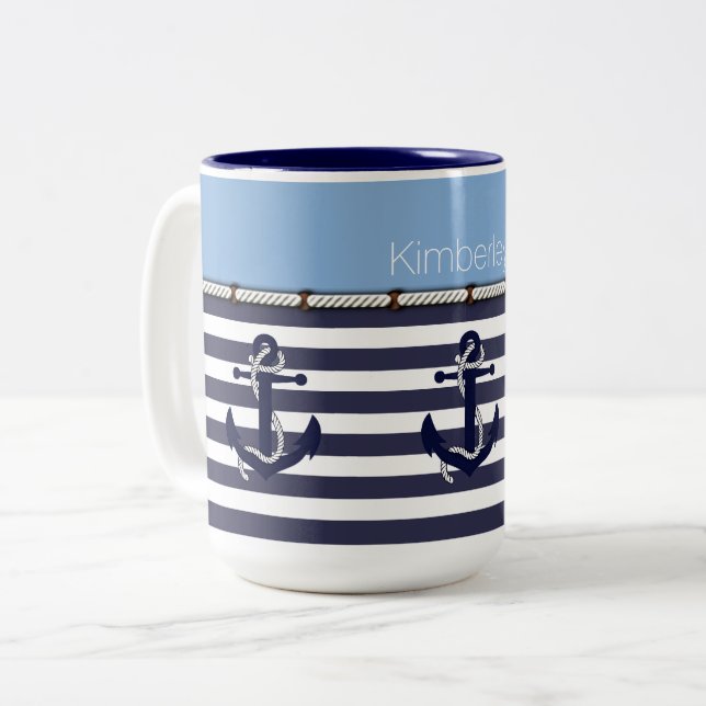 Personalised Coffee Mug With Anchors And Stripes (Front Left)