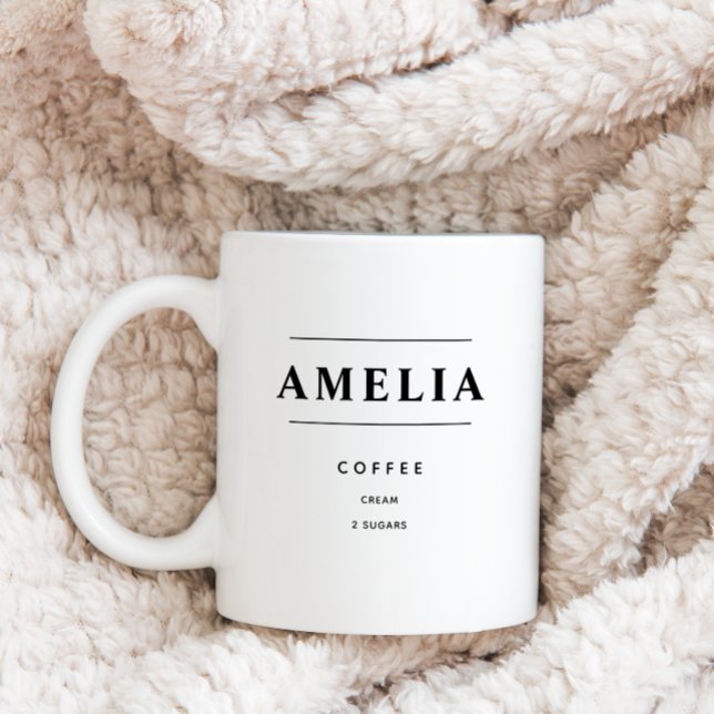 Personalised Coffee Order, Custom drink Mug (Personalized Name and Drink order coffee mug with black text shown on blanket background. )