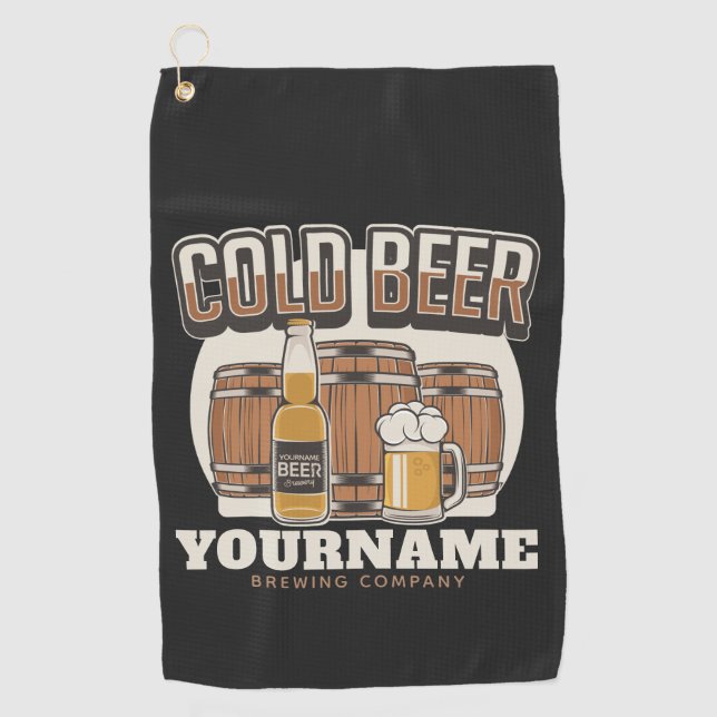 Personalised Cold Beer Oak Barrel Brewery Brewing Golf Towel (Front)