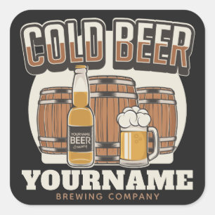 Personalised Cold Beer Oak Barrel Brewery Brewing Square Sticker