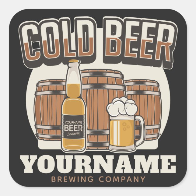 Personalised Cold Beer Oak Barrel Brewery Brewing  Square Sticker (Front)