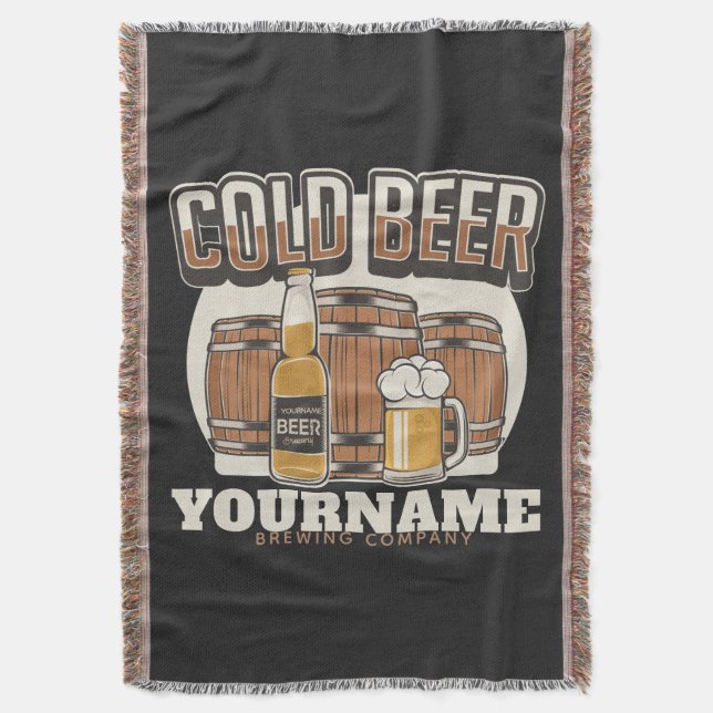 Personalised Cold Beer Oak Barrel Brewery Brewing  Throw Blanket (Front Vertical)