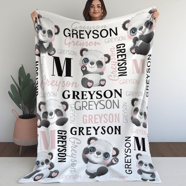 Personalised Collage Name Panda Fleece Blanket (Personalized Collage Name Panda Fleece Blanket)