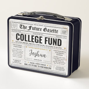 Personalised College Fund Box, Savings Newspaper Metal Lunch Box