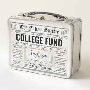 Personalised College Fund Box, Savings Newspaper  Metal Lunch Box