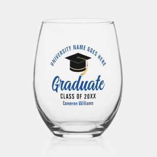 Personalised College Graduation Blue Graduate Stemless Wine Glass