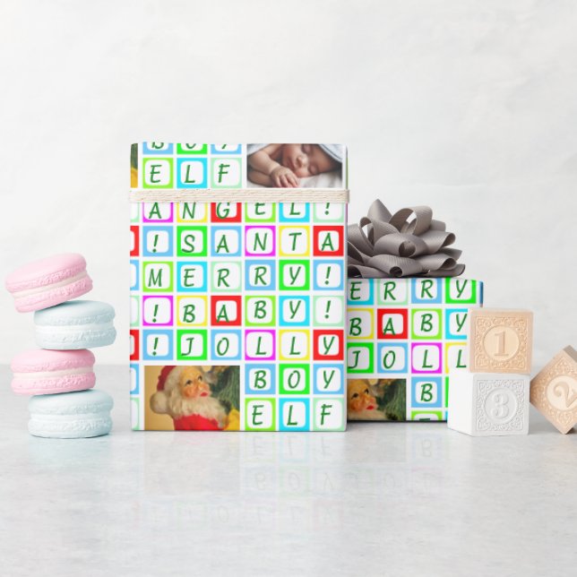 Personalised Coloured Squares and 2 Photos Wrapping Paper (Baby Shower)