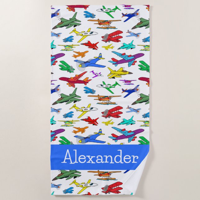 Personalised Colourful Aeroplanes Pattern  Beach Towel (Front)
