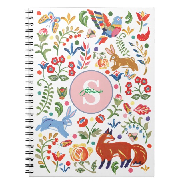 Personalised Colourful Animal Folk Art Floral Cute Notebook (Front)