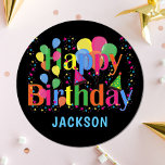 Personalised Colourful Balloons HAPPY BIRTHDAY Paper Plate<br><div class="desc">Colourful happy birthday disposable paper plates. Balloons in different vibrant colours with stars,  confetti and party hats. Black background. Customise by adding your text.</div>