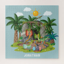 Personalised colourful cartoon Jurassic blue sky