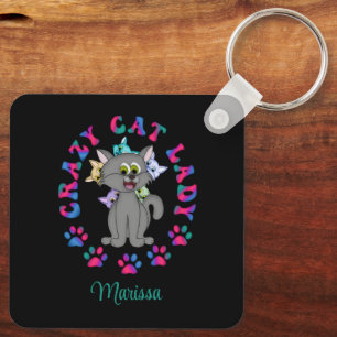 Personalised Colourful Crazy Cat Lady Key Ring