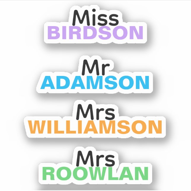 Personalised Colourful Decal Teacher Name Stickers (Front)
