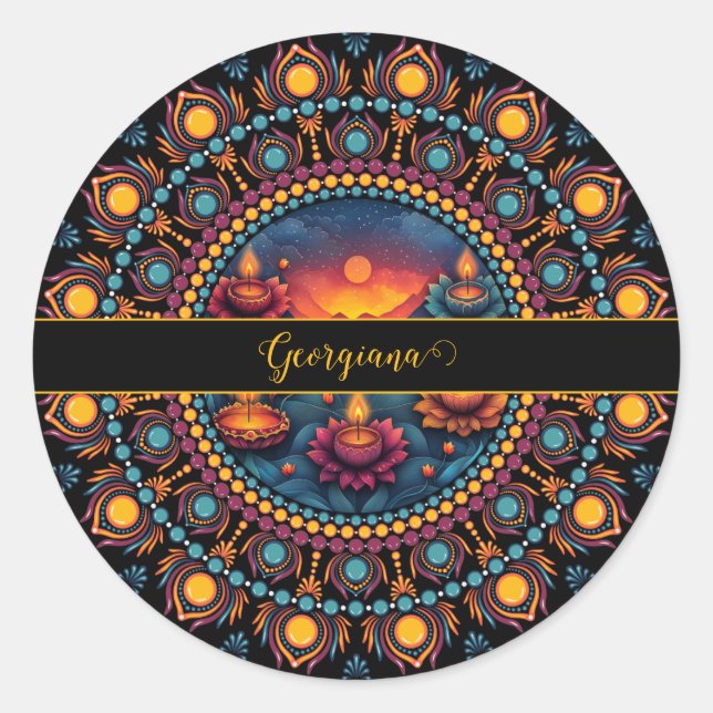 Personalised Colourful Diwali Festival Mandala Classic Round Sticker (Front)