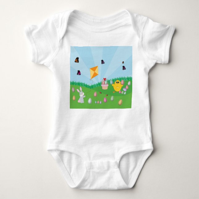Personalised Colourful Easter Egg Hunt Bunny Chick Baby Bodysuit (Front)