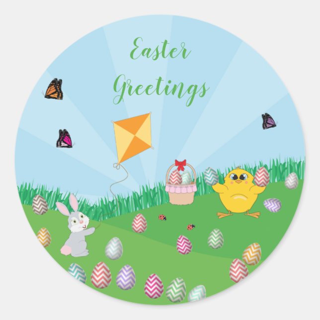 Personalised Colourful Easter Egg Hunt Bunny Chick Classic Round Sticker (Front)