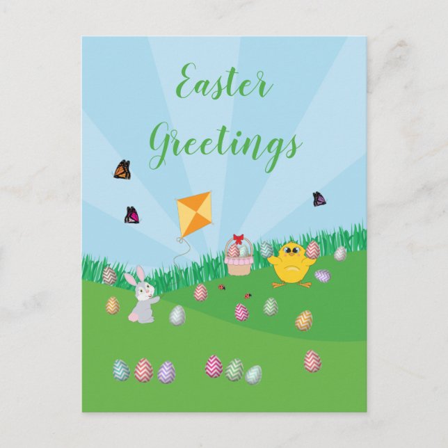 Personalised Colourful Easter Egg Hunt Bunny Chick Holiday Postcard (Front)
