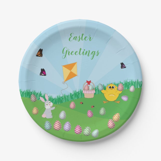 Personalised Colourful Easter Egg Hunt Bunny Chick Paper Plate (Front)