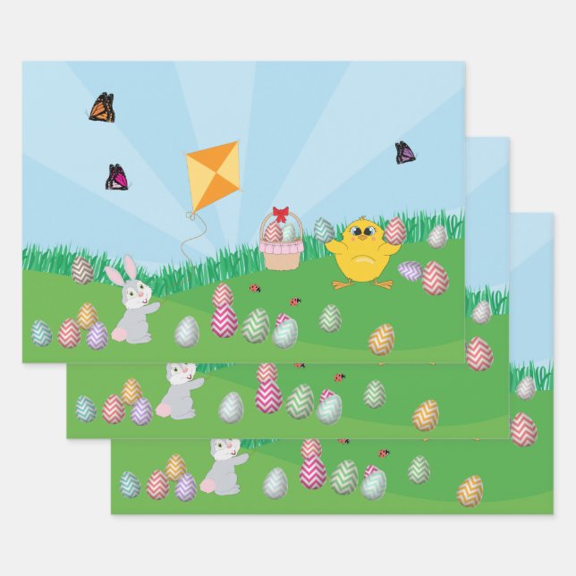 Personalised Colourful Easter Egg Hunt Bunny Chick Wrapping Paper Sheet (Set)