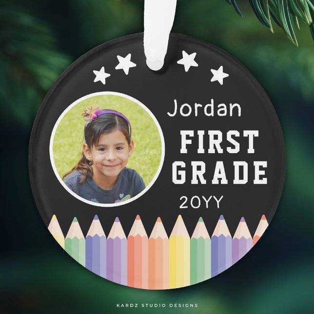 Personalised Colourful First Grade Keepsake Photo Ornament (Add your kid's photo, name, grade, and year. The design repeats on the front and back.)
