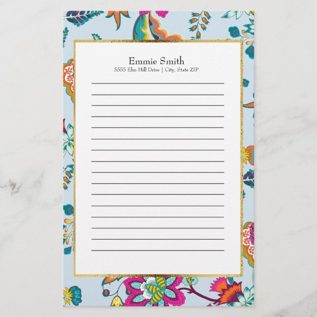 Personalised Colourful Floral Chintz on Light Blue Stationery (Front)